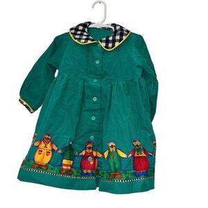 Vintage handmade girls Green corduroy Bear appliqué Dress * sz 3-4*